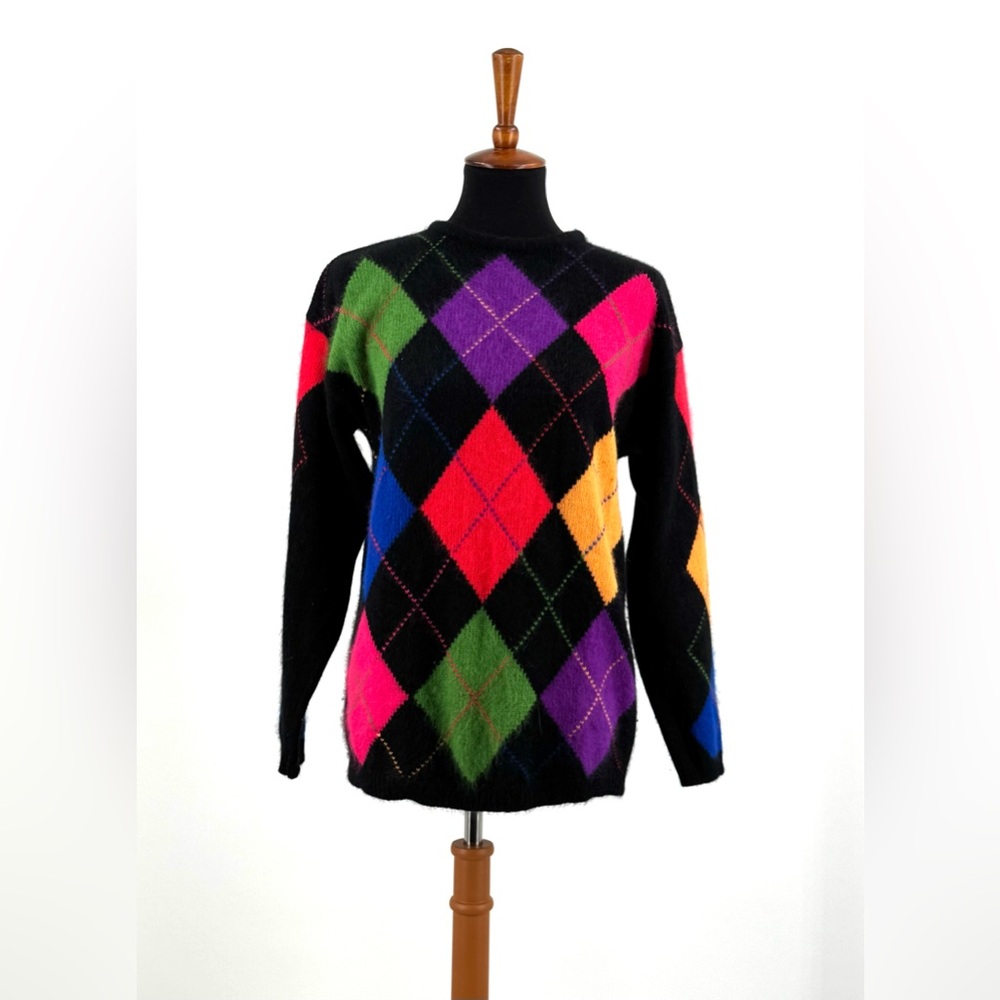 Casual Corner Vintage Colorful Argyle Angora Lambswool Sweater Size M